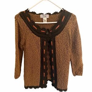 Firenze Small Brown 3/4 Sleeve Sweater Button Ribbon Crochet Accents Grannycore